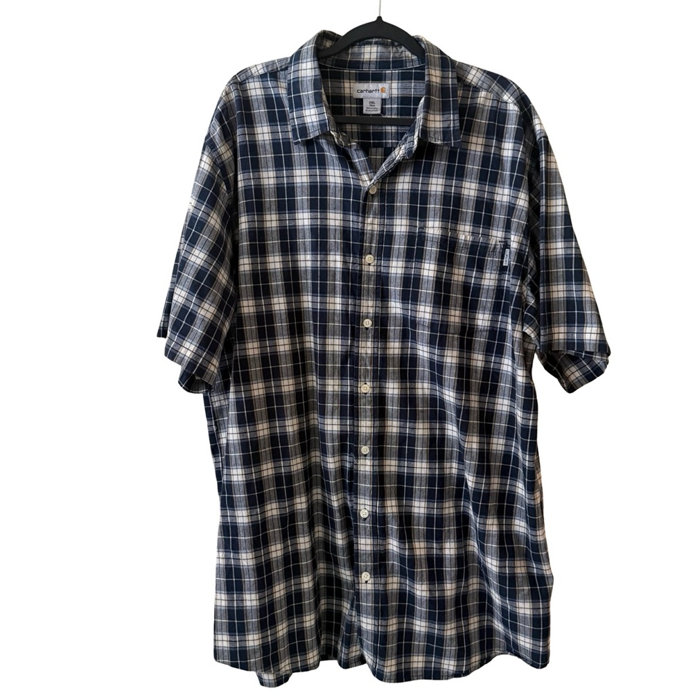 Carhartt Button Down Shirt Mens 2XL Tall Blue  Plaid Loose Fit Workwear